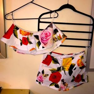 White floral crop top and/or shorts.
